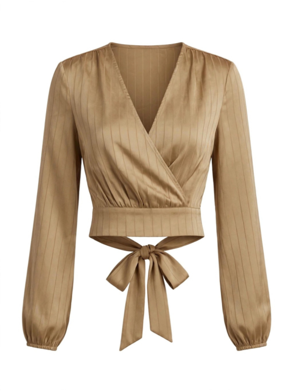 AIBLEE Satin Pinstripe Wrap Crop Top - Camel Tie-Back Blouse
